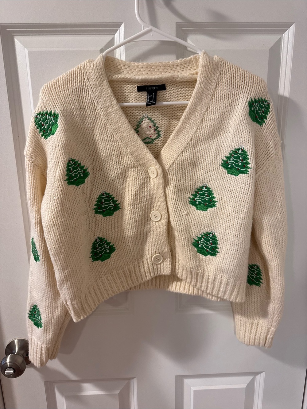 Forever 21 Cream Cropped Cardigan with Green Tree Motifs